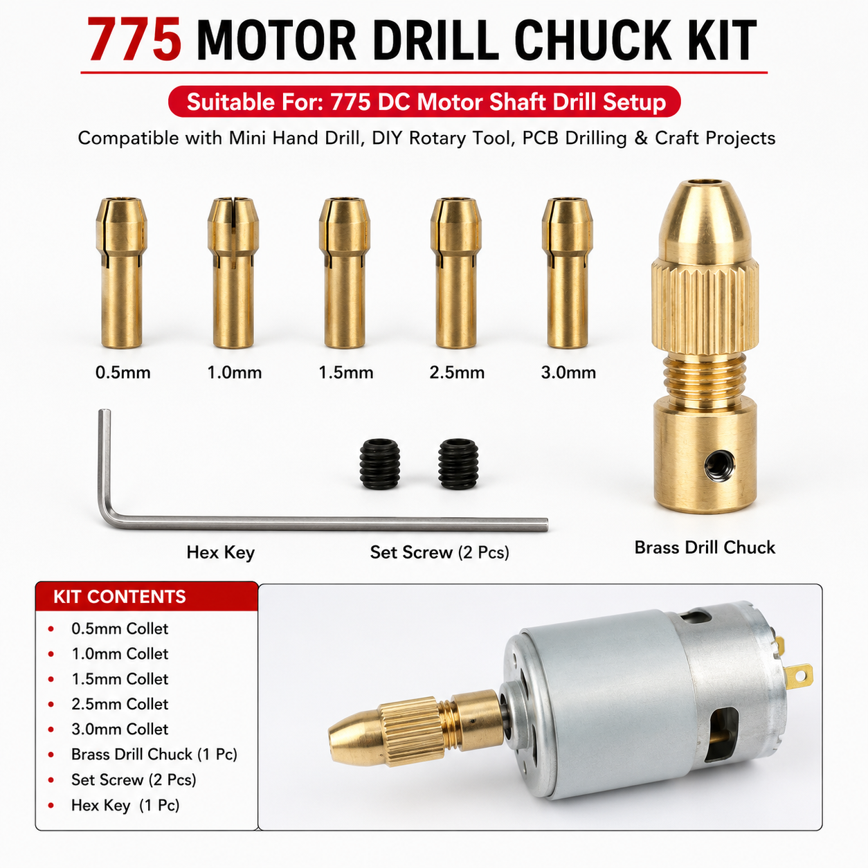 0.5-3mm Small Electric Drill Chuck Set of 775 DC Motor (5.05mm Hole) - Image 2