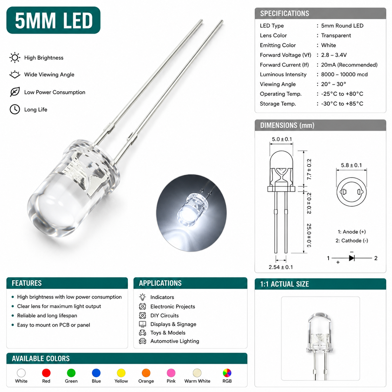 5mm LED - White Color Quantity -20 - Image 2