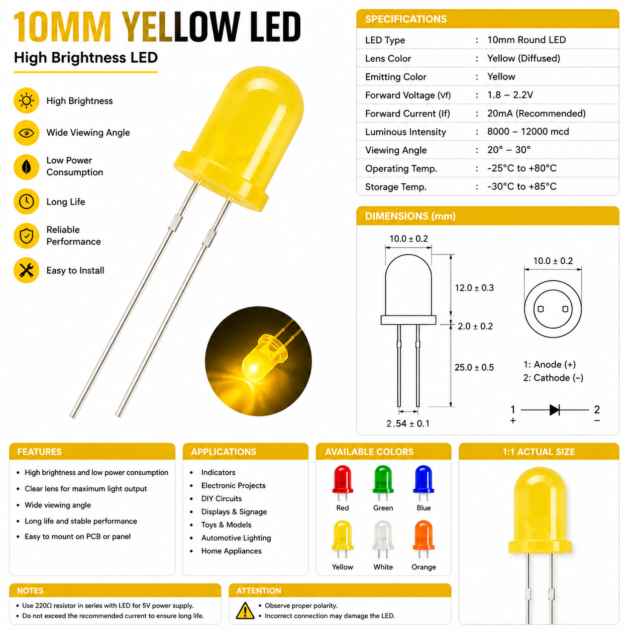 10mm LED - Yellow Color Quantity-10 - Image 2