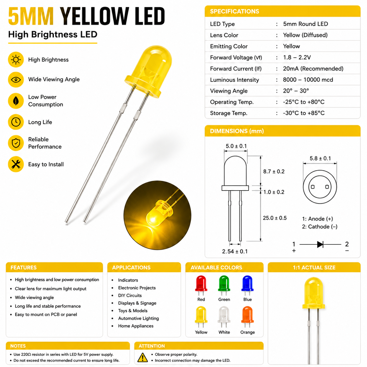 5mm LED - Yellow Color Quantity -20 - Image 2