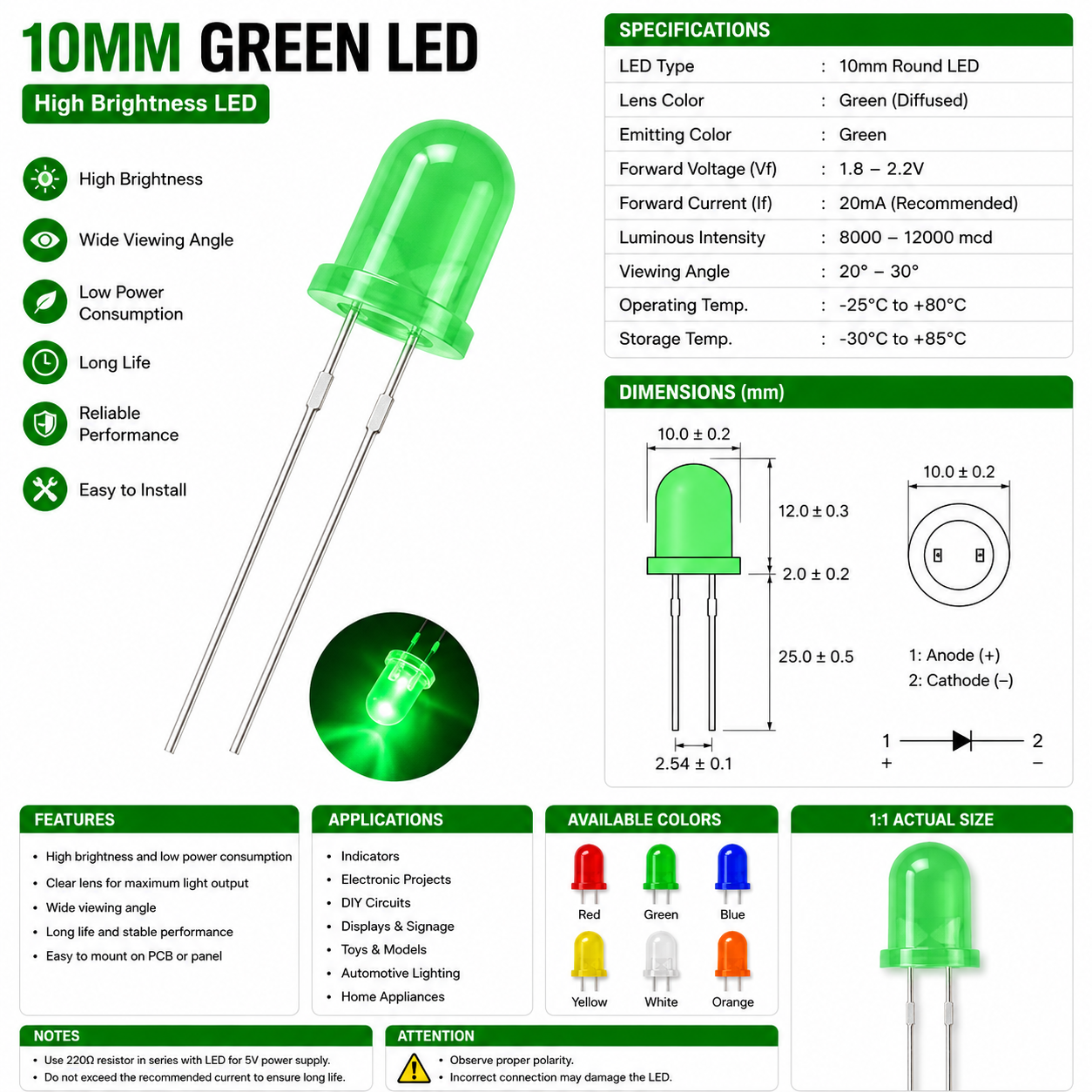 10mm LED - Green Color Quantity-10 - Image 2