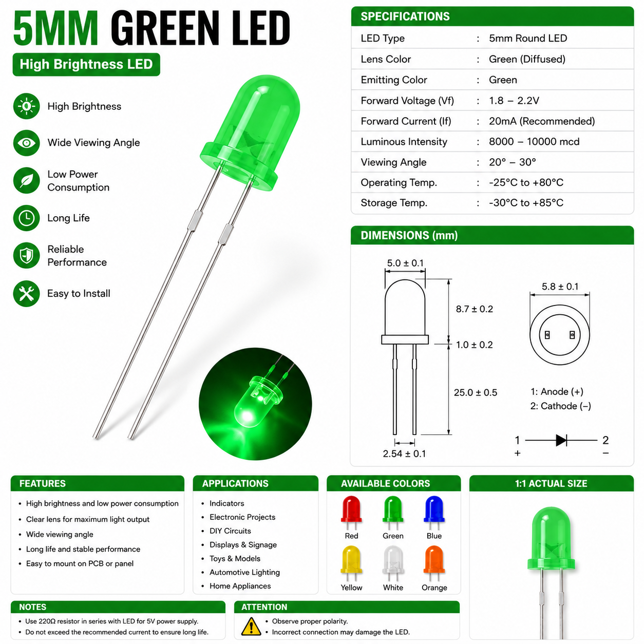 5mm LED - Green Color Quantity -20 - Image 2