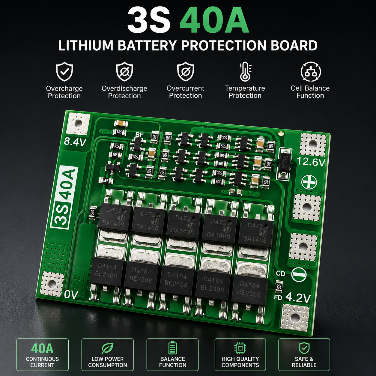 3S 40a 12.6v 18650 Li-ion Lithium Battery Protection and Charger Bms Module - Image 3